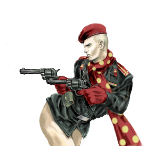 revolver ocelot, gaki deka, metal gear (series), metal gear solid, metal gear solid 3: snake eater, uniform, lowres, 1boy, aged down, belt, beret, blonde hair, bottomless, dual wielding, fabulous, gloves, gun, handgun, hands on own hips, hat, holding, male focus, parody, polka dot, red gloves, red scarf, revolver, scarf, solo, weapon