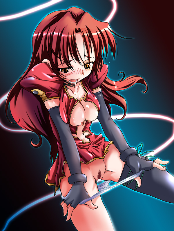 eclair (kiddy grade), kiddy grade, 00s, 1girl, asymmetrical clothes, black thighhighs, breasts, elbow gloves, female focus, fingerless gloves, gloves, military, military uniform, nipples, panties, panty pull, pussy, red hair, single thighhigh, solo, thighhighs, underwear, white panties