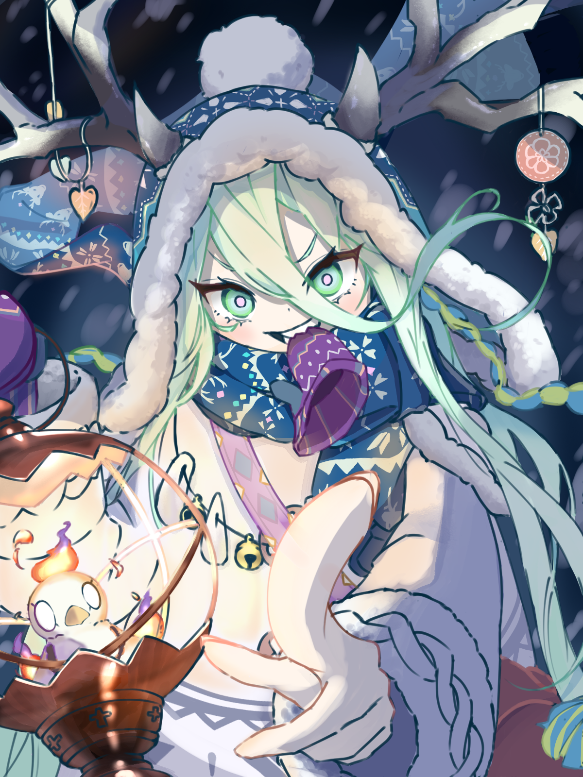 louhi (fate), louhi (second ascension) (fate), fate/grand order, fate (series), highres, 1girl, antler ornament, antlers, antlers through headwear, beanie, bell, bird, blue eyes, blue hat, blue scarf, breasts, dress, hair between eyes, hat, holding, holding lantern, horns, lantern, long hair, long sidelocks, long sleeves, looking at viewer, mitten in mouth, mittens, pointing, pointing at viewer, purple mittens, scarf, sharp teeth, sidelocks, small breasts, smile, solo, sweater, sweater dress, teeth, user txmv3828, white sweater, winter, winter clothes