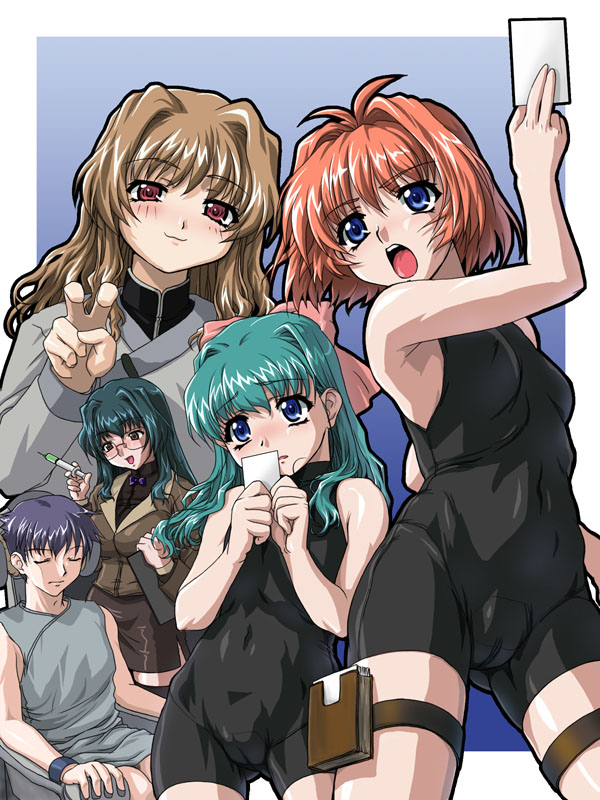 kotobuki hajime, uon taraku, kamishiro maiku, miyafuji miina, morino ichigo, onodera karen, oribe tsubaki, onegai twins, r.o.d the tv, read or die, official art, 1boy, 4girls, :d, :o, antenna hair, aqua hair, armpits, bdsm, black thighhighs, blazer, blue background, blue eyes, blue hair, blush, bodysuit, bondage, bound, bound wrists, bow, bowtie, breasts, brown hair, cameltoe, chair, clipboard, closed eyes, covered navel, creator connection, crossover, drugged, embarrassed, fighting stance, flat chest, glasses, gradient background, green hair, hair bow, hair intakes, hand up, hip bones, holding, holster, jacket, large breasts, light smile, long hair, miniskirt, multiple girls, naughty face, nose blush, open mouth, paper, parody, pencil skirt, red eyes, red hair, short hair, side slit, sitting, skin tight, skirt, sleeveless, small breasts, smile, spandex, standing, syringe, thigh holster, thigh strap, thighhighs, turtleneck, unitard, v, wavy hair, zettai ryouiki