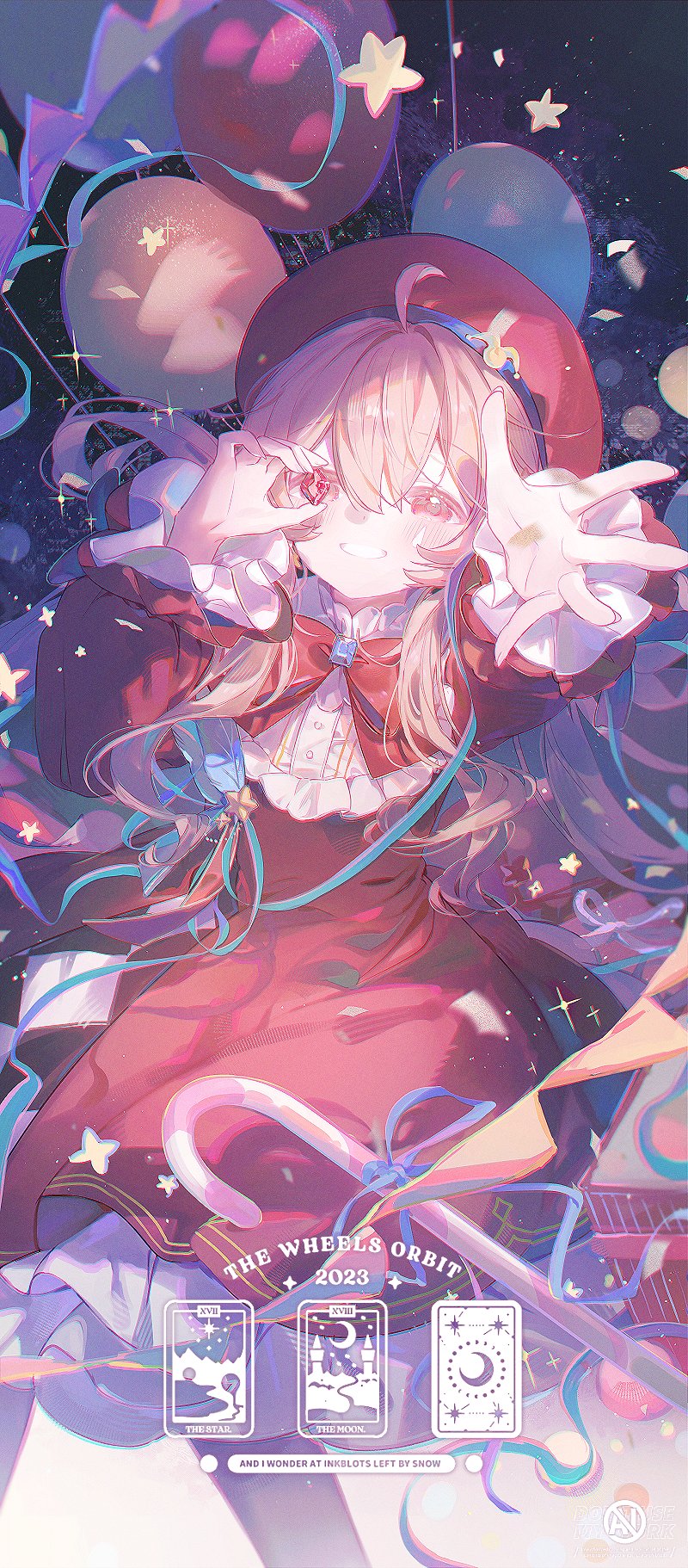 umehara sei, original, highres, 1girl, ahoge, balloon, blush, bow, breasts, brown hair, cane, dress, gem, hat, holding, long hair, long sleeves, looking at viewer, open mouth, red bow, red dress, red eyes, red gemstone, ribbon, smile, solo, star (symbol), teeth, watermark