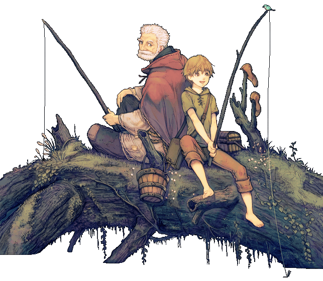 haccan, original, 2boys, beard, bird, branch, bucket, facial hair, fishing, fishing rod, male focus, multiple boys, nature, old, old man, plant, shoes, sitting, transparent background, tree, unworn shoes