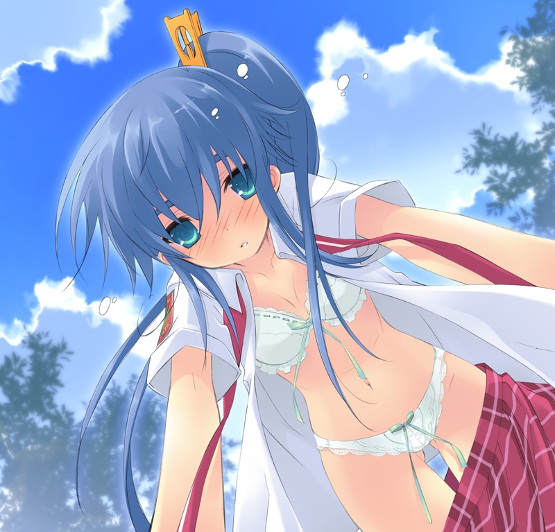 ito noizi, yuuki nona, nanatsuiro drops, 00s, 1girl, bow, bow bra, bow panties, bra, clothes pull, dress shirt, female focus, from below, green panties, lace, lace-trimmed bra, lace-trimmed panties, lace trim, lingerie, long hair, necktie, open clothes, open shirt, panties, plaid clothes, plaid skirt, ponytail, ribbon-trimmed bra, ribbon-trimmed underwear, ribbon trim, school uniform, serafuku, shirt, skirt, skirt pull, solo, underwear, undone necktie, undressing