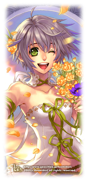 midori foo, original, 1girl, bare shoulders, female focus, flower, green eyes, grey hair, one eye closed, ribbon, short hair, solo