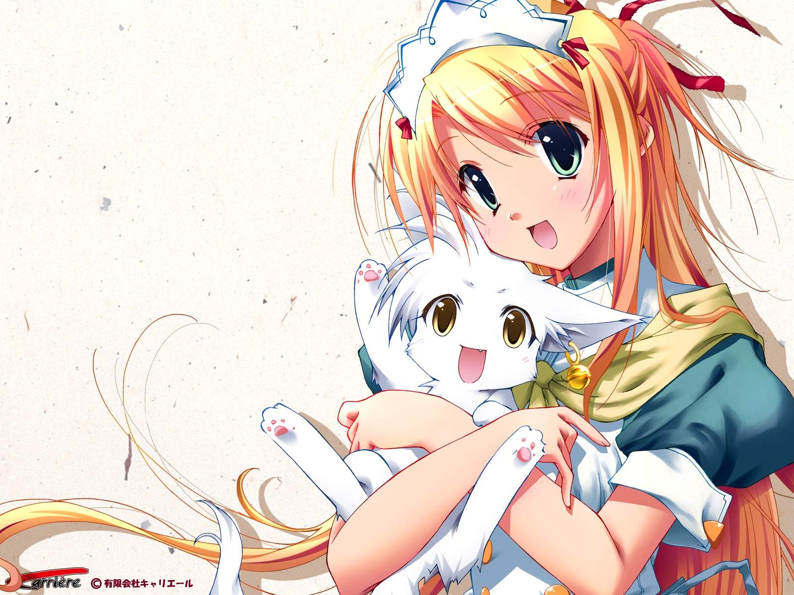 kokonoka, koma (ouka), sorune, ouka (game), highres, 1girl, animal, bell, blonde hair, cat, earrings, fang, female focus, green eyes, half updo, happy, holding, hug, jewelry, long hair, maid, pet, ribbon, smile, solo, upper body, very long hair, yellow eyes