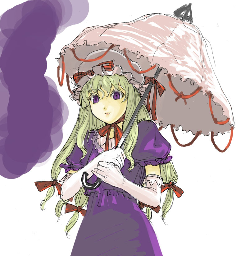 tetsu (kimuchi), yakumo yukari, touhou, 1girl, blonde hair, colored eyelashes, elbow gloves, eyelashes, female focus, gloves, hair between eyes, hat, mob cap, parasol, simple background, solo, standing, umbrella, white background, white hat