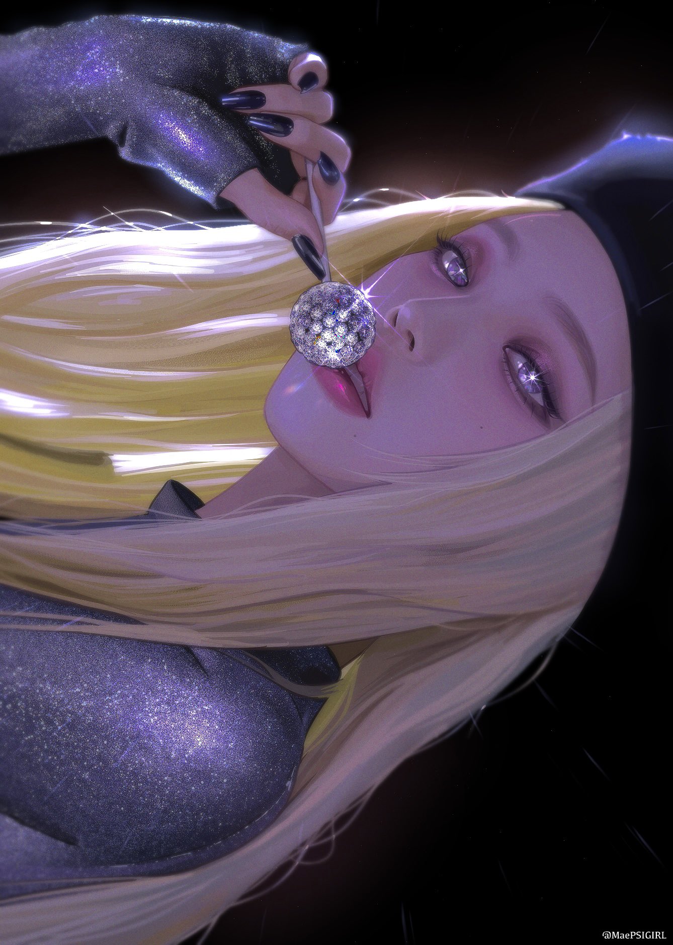 karina (aespa), aespa, real life, highres, 1girl, beret, black background, black eyeliner, black nails, blonde hair, eyeliner, eyeshadow, fake nails, fingerless gloves, glint, gloves, hat, k-pop, maepsigirl, makeup, mascara, mole, solo, twitter username, upper body
