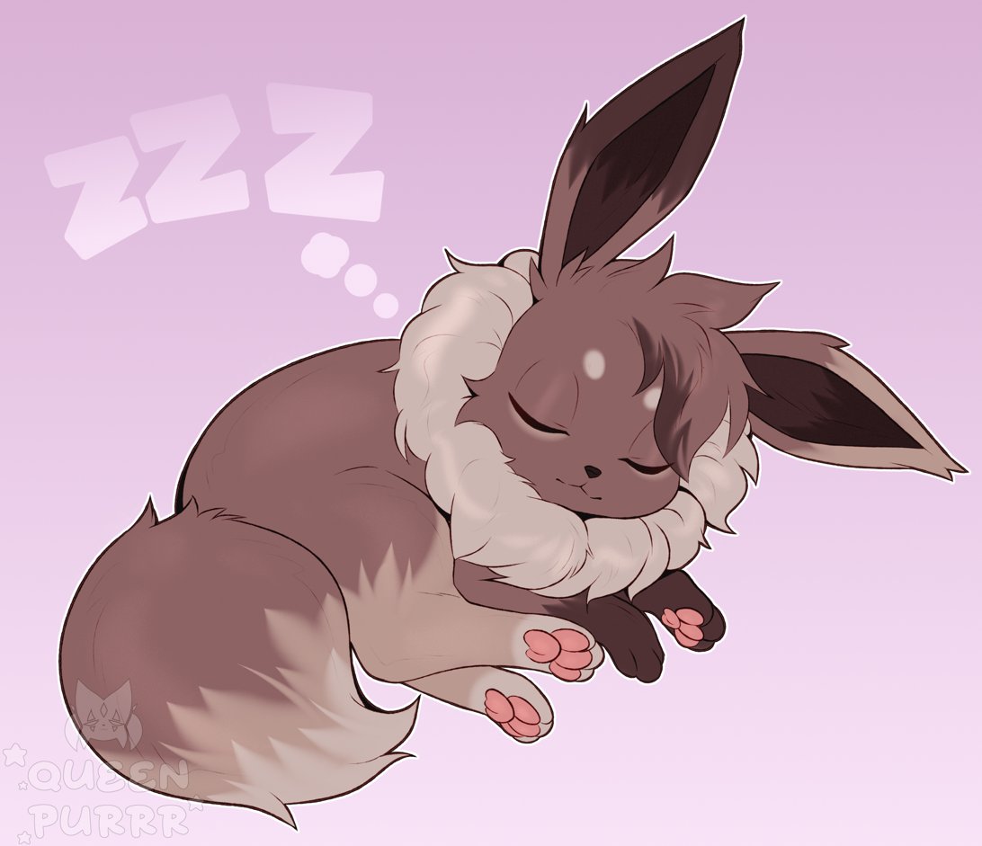 queen purrr, eevee, nintendo, pokemon, commission, :3, animal focus, artist name, brown hair, closed eyes, closed mouth, full body, gen 1 pokemon, gradient background, lying, multicolored hair, neck fur, no humans, outline, pawpads, pokemon (creature), purple background, short hair, simple background, sleeping, solo, split mouth, streaked hair, two-tone hair, u u, watermark, white outline, zzz
