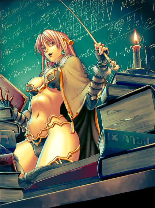 ragnarok online, 1girl, book, chalkboard, female focus, midriff, pink hair, pointer, red eyes, solo, teacher, thighhighs, whiteboard