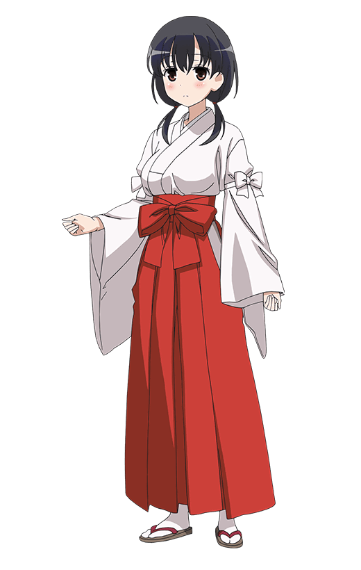 sasaki masakatsu, jindai komaki, saki (manga), official art, 1girl, anime coloring, black hair, blush, bow, breasts, brown eyes, closed mouth, eisui school uniform, full body, hair between eyes, hakama, hakama skirt, japanese clothes, large breasts, long hair, long sleeves, looking at viewer, low twintails, miko, red hakama, red sash, sandals, sash, school uniform, simple background, skirt, socks, solo, standing, transparent background, twintails, white bow, white socks, wide sleeves, zouri