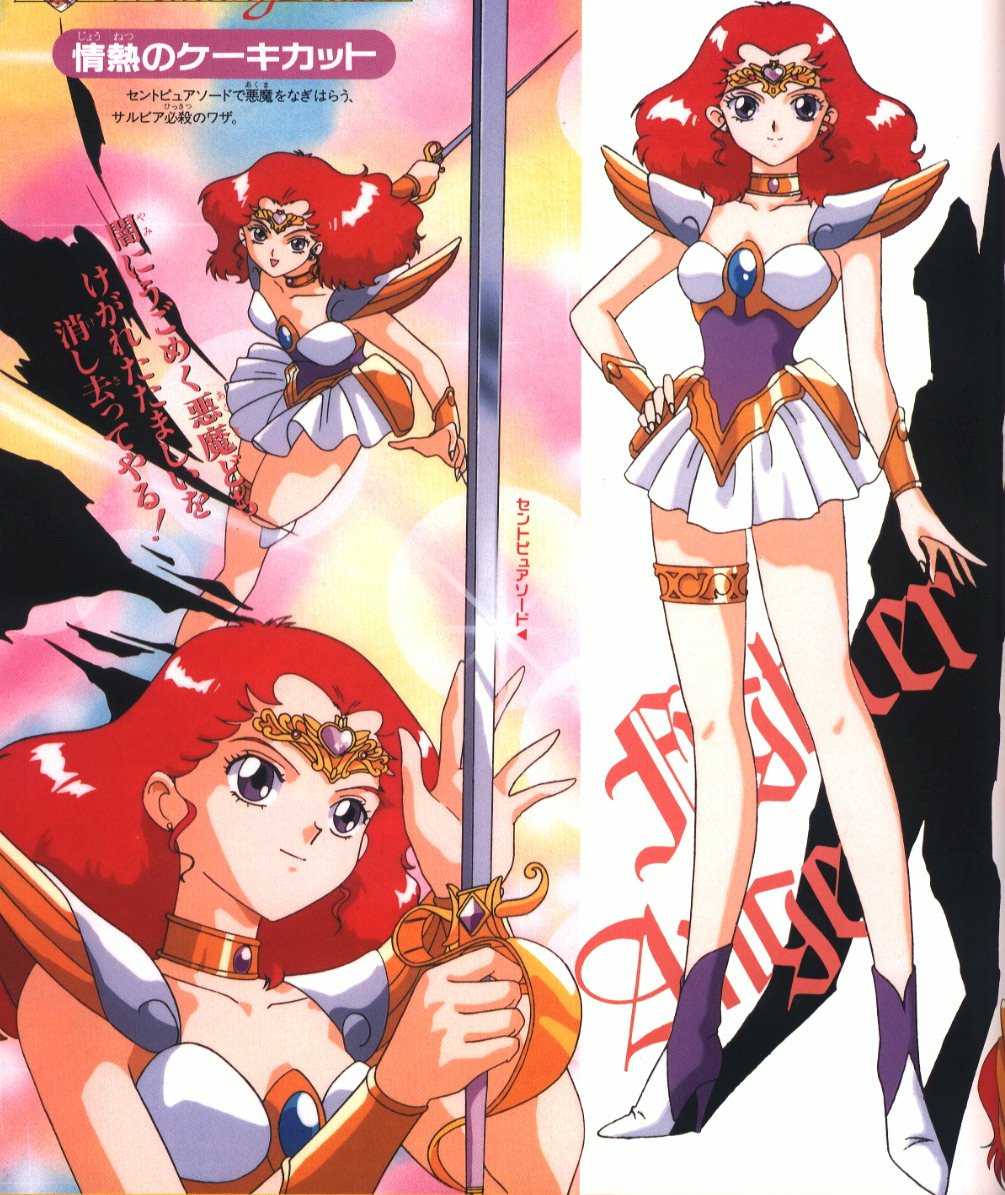 ichiishi sayuri, angel salvia, scarlet ohara, ai tenshi densetsu wedding peach, olm (studio), official art, scan, 1990s (style), 1girl, armor, choker, crown, hat, magical girl, multiple persona, multiple views, purple eyes, red hair, retro artstyle, sword, weapon, wristband
