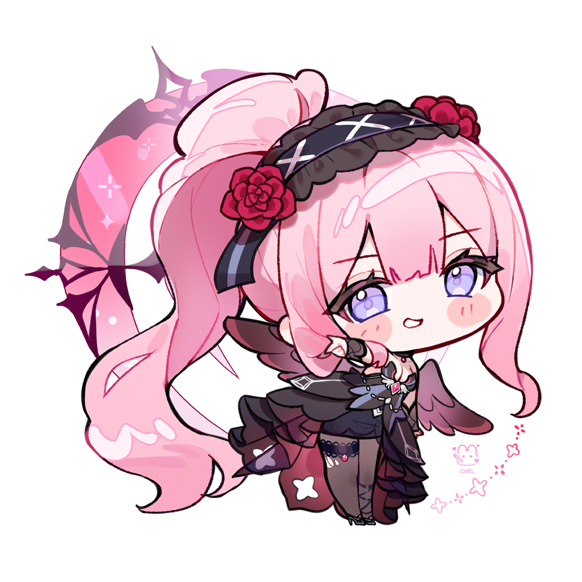 cheli (kso1564), black survival, eternal return: black survival, character request, 1girl, black dress, black hairband, black shoes, blush stickers, breasts, brown pantyhose, chibi, cleavage, dress, flower, full body, hairband, high heels, looking at viewer, medium breasts, outstretched arm, pantyhose, pink hair, ponytail, purple eyes, red flower, shoes, simple background, smile, solo, standing, strapless, strapless dress, white background