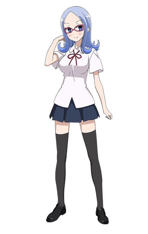 sasaki masakatsu, atago kinue, saki (manga), official art, 1girl, anime coloring, black thighhighs, blue eyes, blue hair, blue skirt, blush, breasts, closed mouth, collared shirt, flipped hair, full body, glasses, hand in own hair, hand up, himematsu school uniform, large breasts, long hair, looking at viewer, parted bangs, pleated skirt, red-framed eyewear, red ribbon, ribbon, school uniform, shirt, short sleeves, simple background, skirt, smile, solo, standing, thighhighs, transparent background, untucked shirt, white shirt