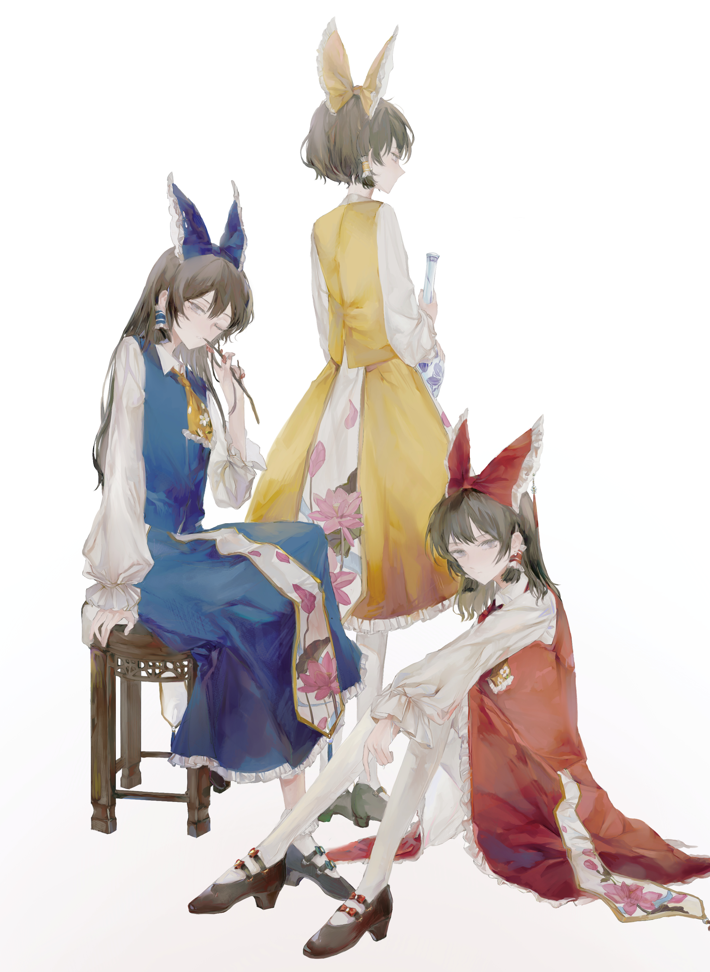yinyong yu, hakurei reimu, touhou, absurdres, highres, 3girls, alternate color, arm on knee, ascot, biting, black shoes, blue bow, blue skirt, blue vest, bow, brown eyes, brown shoes, floral print, frilled bow, frilled hair tubes, frills, green shoes, hair bow, hair tubes, holding vase, long hair, long sleeves, lotus print, medium hair, multiple girls, multiple persona, on floor, on stool, one eye closed, pantyhose, profile, red bow, red skirt, red vest, shirt, shoes, short hair, simple background, sitting, skirt, stick, vest, white background, white pantyhose, white shirt, yellow ascot, yellow bow, yellow skirt, yellow vest