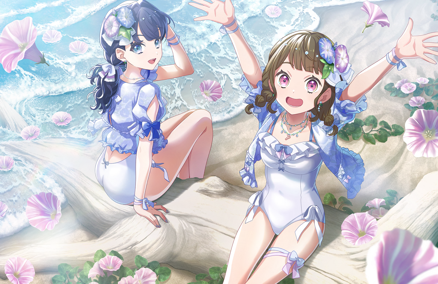 kachimachi kosuzu, murano sayaka, link! like! love live!, love live!, flower request, game cg, highres, non-web source, official art, 2girls, :d, arm up, arms up, backless swimsuit, beach, blue eyes, blue jacket, blue moment (love live!), blunt bangs, braid, breasts, brown hair, cowboy shot, dollchestra, fallen tree, flower, frilled jacket, frilled one-piece swimsuit, frilled sleeves, frills, full body, jacket, looking at viewer, low ponytail, low twin braids, lower teeth only, median furrow, medium hair, multicolored eyes, multiple girls, official alternate costume, one-piece swimsuit, open clothes, open hands, open jacket, open mouth, pink eyes, ponytail, purple flower, short-sleeved jacket, short sleeves, sitting, small breasts, smile, swimsuit, teeth, twin braids, two-tone eyes, upper teeth only, virtual youtuber, wavy hair, white one-piece swimsuit, yellow eyes