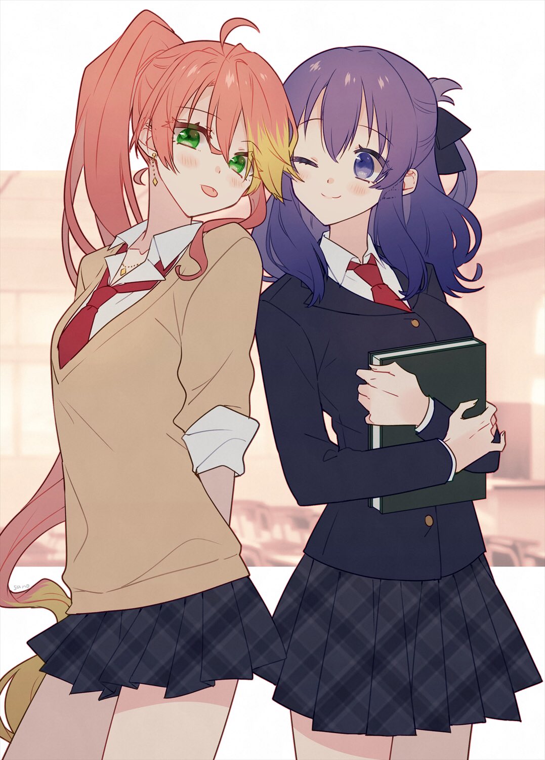 sano (merrymerry), judith lanster, rixia mao, eiyuu densetsu, kuro no kiseki (series), kuro no kiseki i, highres, 2girls, ahoge, book, border, earrings, green eyes, hair rings, holding, holding book, jewelry, long hair, miniskirt, multicolored hair, multiple girls, necktie, one eye closed, pink hair, plaid clothes, plaid skirt, ponytail, purple eyes, purple hair, red necktie, sidelocks, skirt, smile, streaked hair, tongue, tongue out, white border