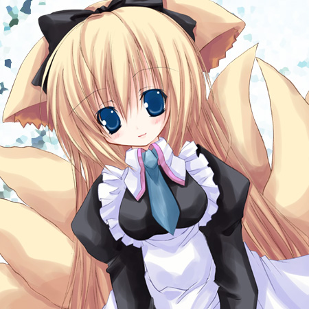 kannon ouji, original, lowres, 1girl, animal ears, blonde hair, blue eyes, female focus, fox ears, long hair, maid, solo, tail, upper body