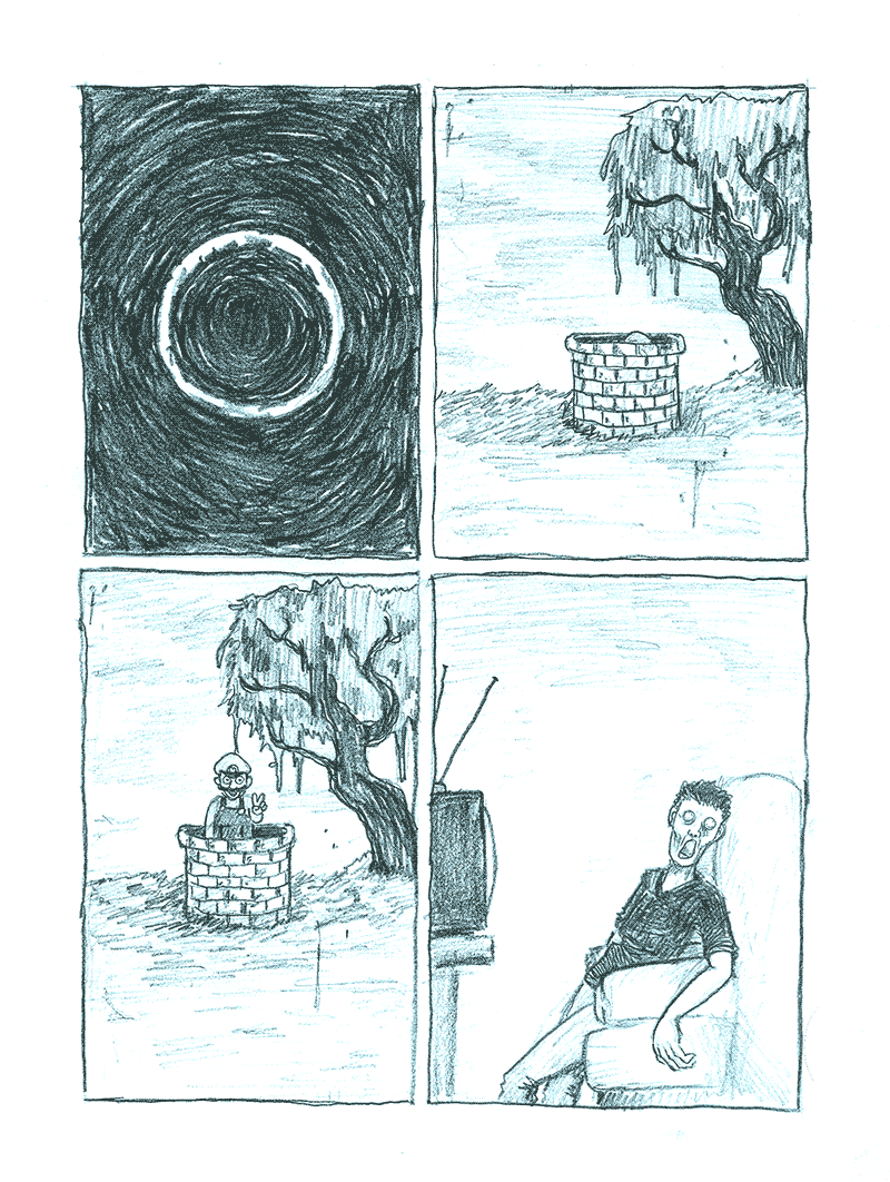mario, mario (series), nintendo, super mario bros. 1, the ring, traditional media, 2boys, aqua theme, blue theme, comic, crossover, death, green theme, monochrome, multiple boys, parody, silent comic, v, well, what