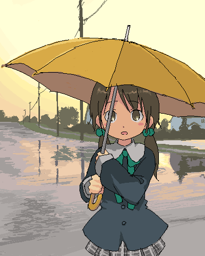 lowres, child, day, oekaki, plaid clothes, plaid skirt, school uniform, serafuku, skirt, sky, solo, twintails, umbrella