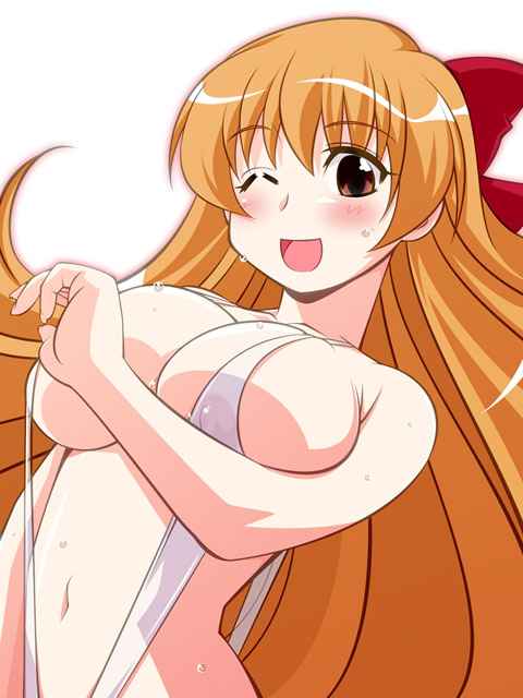 shiratori suzune, pani poni dash!, 00s, 1girl, blonde hair, blush, breasts, brown eyes, female focus, huge breasts, long hair, one eye closed, red hair, see-through clothes, slingshot swimsuit, solo, swimsuit, wet