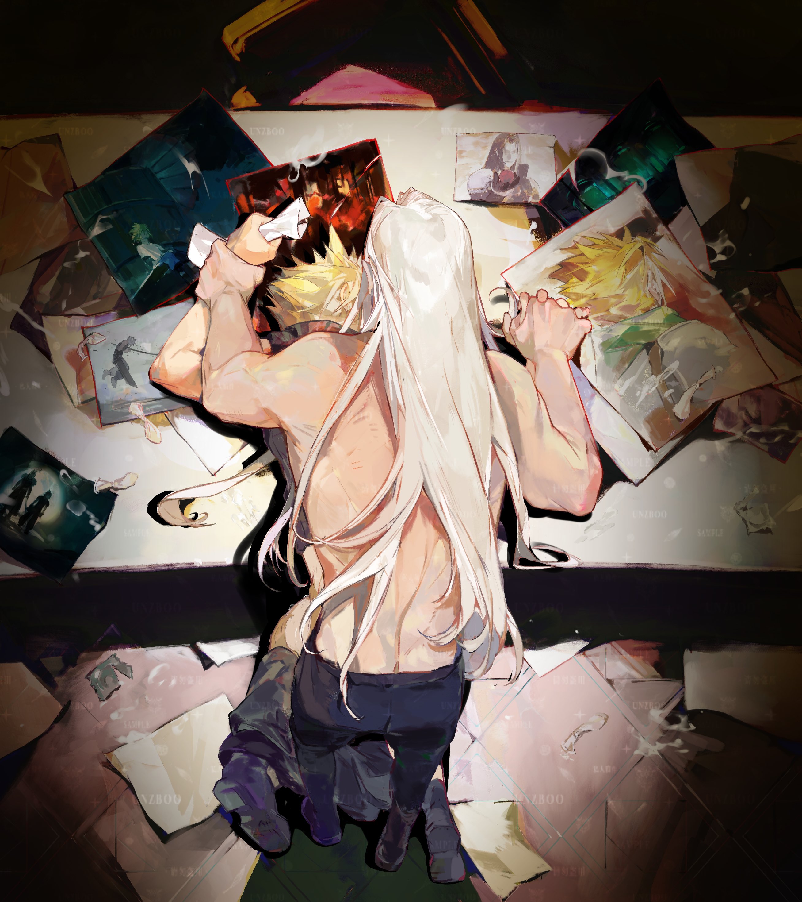 fui (fui29493452), cloud strife, sephiroth, final fantasy, final fantasy vii, absurdres, highres, 2boys, bent over, bent over furniture, blonde hair, condom, condom wrapper, cum, grey hair, holding hands, long hair, male focus, multiple boys, pants, pants around ankles, photo (object), short hair, spiked hair, used condom, yaoi