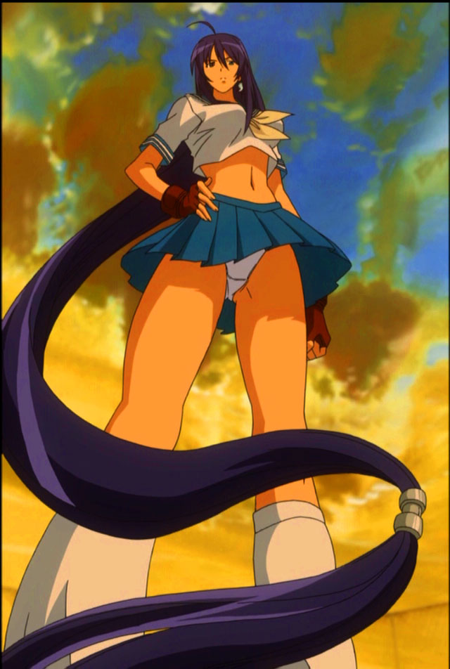 kan'u unchou, ikkitousen, anime screenshot, 00s, 1girl, female focus, long hair, loose socks, low-tied long hair, miniskirt, panties, school uniform, serafuku, skirt, socks, solo, underwear, upskirt, white panties