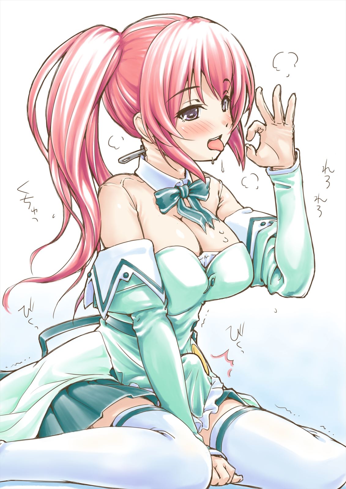 shimamoto (natsuki), takase mizuki, comic party, pia carrot (series), pia carrot e youkoso!! 3, highres, 1girl, bare shoulders, blush, bow, bowtie, breasts, bulge, cleavage, cosplay, detached collar, detached sleeves, erection, erection under clothes, fellatio gesture, floral mint uniform, futanari, large breasts, long hair, open mouth, pink hair, purple eyes, red hair, saliva, sexually suggestive, side ponytail, sitting, skirt, solo, thighhighs, tongue, tongue out, trembling, waitress, wariza, white thighhighs, zettai ryouiki