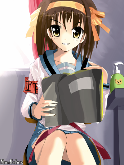 suzumiya haruhi, suzumiya haruhi no yuuutsu, 00s, brown hair, school uniform, serafuku, short hair, solo