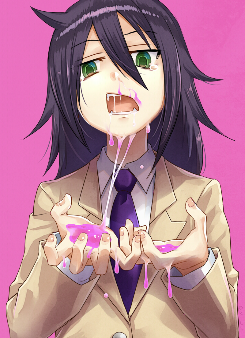 okiru, kuroki tomoko, watashi ga motenai no wa dou kangaetemo omaera ga warui!, commentary request, 1girl, bags under eyes, black hair, blazer, dirty, dirty face, green eyes, hair between eyes, jacket, long hair, long sleeves, looking at viewer, mucus, necktie, open mouth, pink background, purple necktie, school uniform, sexually suggestive, shirt, simple background, solo, tears, teeth, upper body, white shirt, yellow jacket