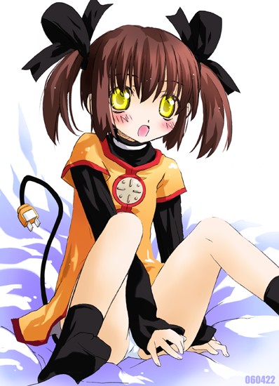 noto (soranoto), original, 1girl, black socks, blush, bow, dress, female focus, flat chest, hair bow, long sleeves, orange dress, orange shirt, panties, pantyshot, shirt, short dress, short twintails, sitting, socks, solo, twintails, underwear, white panties