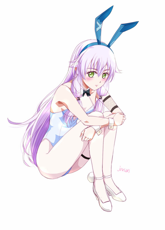 xiacheng tatsuya, altina orion, eiyuu densetsu, sen no kiseki (series), 1girl, animal ear hairband, animal ears, artist name, bow, bowtie, detached collar, double-parted bangs, fake animal ears, green eyes, hair between eyes, hairband, high heels, highleg, highleg leotard, leotard, long hair, looking at viewer, playboy bunny, pom pom (clothes), rabbit ear hairband, rabbit ears, simple background, sleeveless, solo, strapless, strapless leotard, traditional bowtie, two side up, white background, white hair, white leotard, white wrist cuffs, wrist cuffs