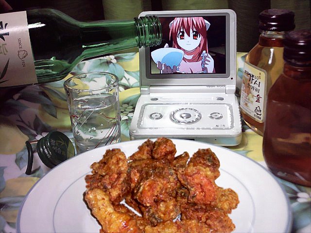 lucy (elfen lied), nyuu, elfen lied, photo (medium), 00s, 2d dating, alcohol, bird, chicken, chicken (food), food, horns, lonely, meal, no humans