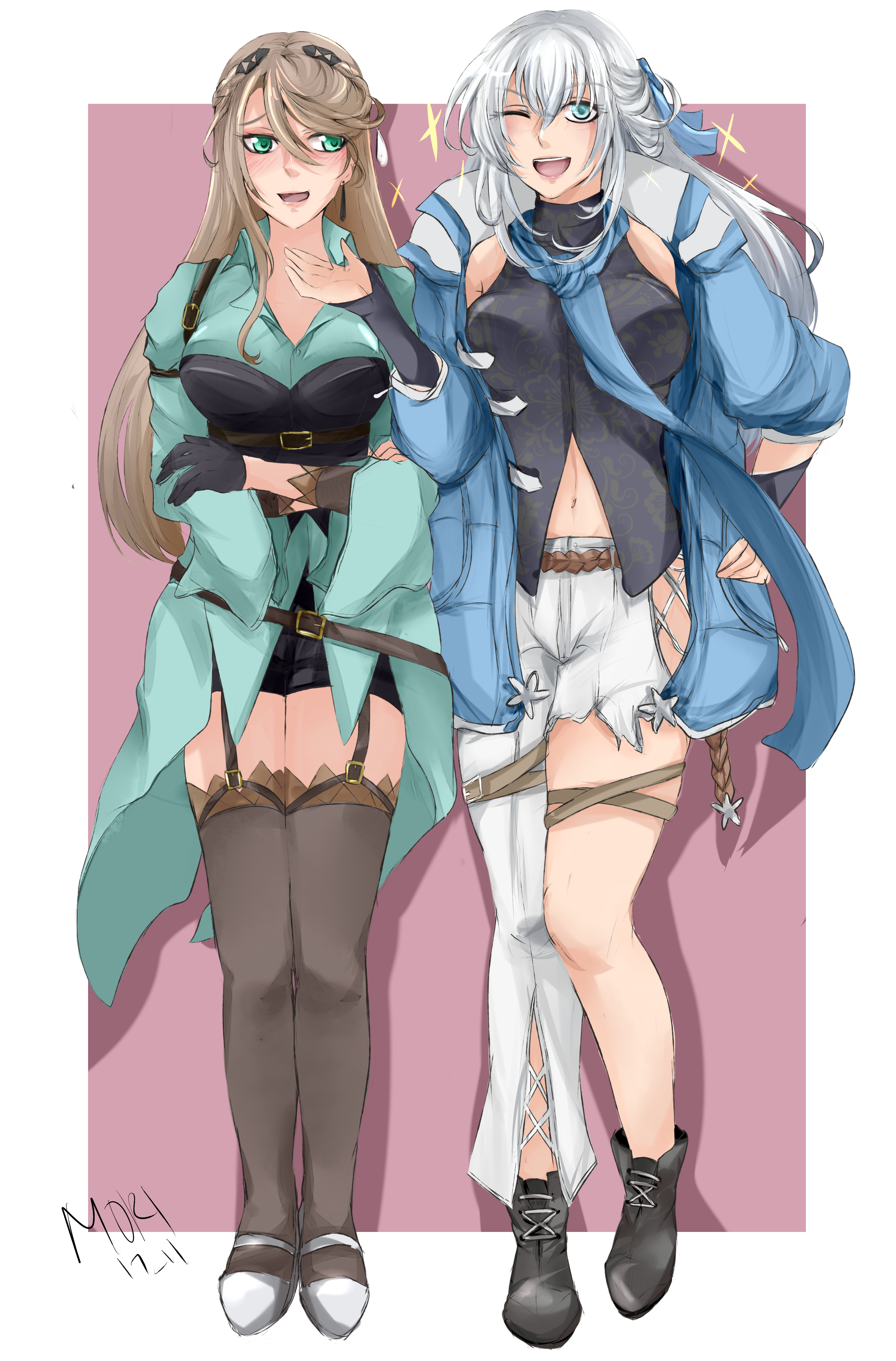 silenia, elaine auclair, shizuna rem misurugi, eiyuu densetsu, kuro no kiseki, kuro no kiseki (series), kuro no kiseki ii, absurdres, commentary, english commentary, highres, 2girls, asymmetrical legwear, black gloves, blue eyes, boots, border, braid, breasts, brown hair, crown braid, dated, denim, double-parted bangs, floating hair, full body, gloves, green eyes, hair between eyes, half updo, jacket, jeans, large breasts, long hair, multiple girls, navel, one eye closed, open clothes, open jacket, open mouth, over-kneehighs, pants, parted bangs, pink background, shadow, signature, simple background, smile, thighhighs, torn clothes, torn jeans, torn pants, two-tone background, white border, white hair