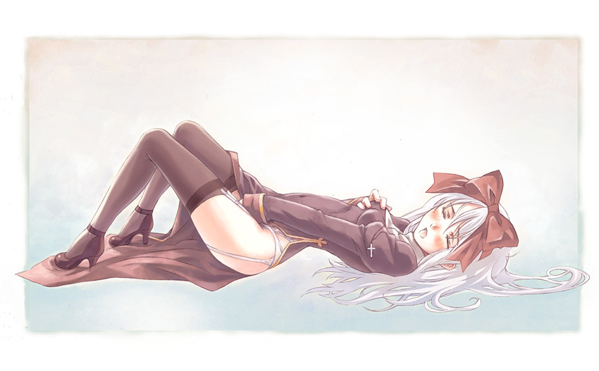 nyaou, priest (ragnarok online), ragnarok online, arched back, blush, bow, female masturbation, fingering, garter belt, high heels, legs up, lingerie, lying, masturbation, priest, priestess, shoes, solo, thighhighs, underwear, white hair
