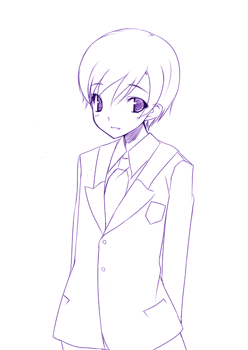 nakamura kusata, fujioka haruhi, ouran high school host club, 00s, 1girl, blazer, collared shirt, crossdressing, crossdressing (ftm), female focus, formal clothes, jacket, lineart, looking at viewer, monochrome, necktie, purple theme, reverse trap, school uniform, shirt, short hair, simple background, solo, suit, upper body, white background