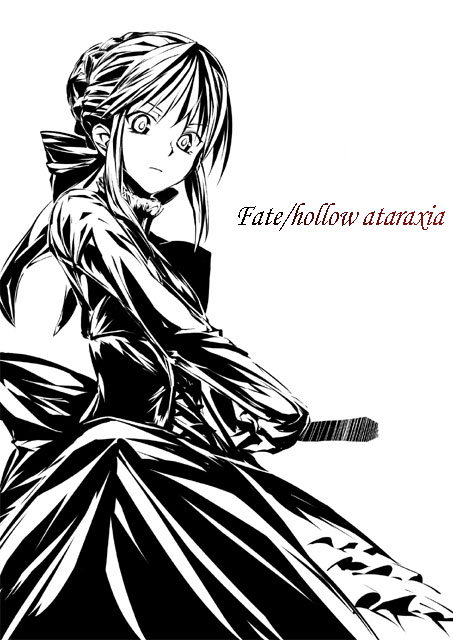 dorago, artoria pendragon (fate), saber (fate), saber alter, saber alter (gothic lolita), fate/hollow ataraxia, fate/stay night, fate (series), 00s, 1girl, corset, dress, female focus, greyscale, hair ribbon, monochrome, ribbon, simple background, solo