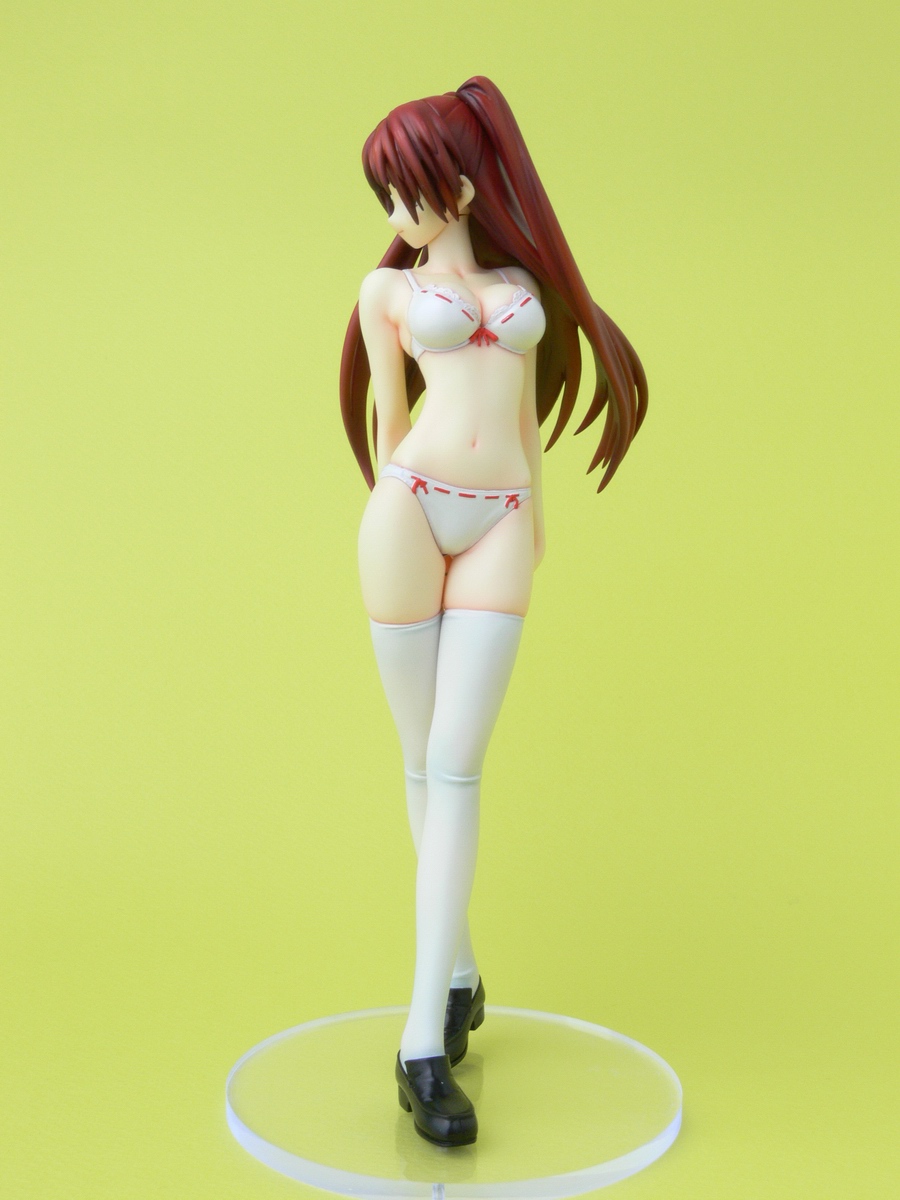 kousaka tamaki, to heart (series), to heart 2, black footwear, highres, photo (medium), 00s, 1girl, bow, bow bra, bow panties, bra, figure, lingerie, loafers, matching underwear, panties, red bow, red hair, shoes, socks, thighhighs, underwear, underwear only, white socks, white thighhighs