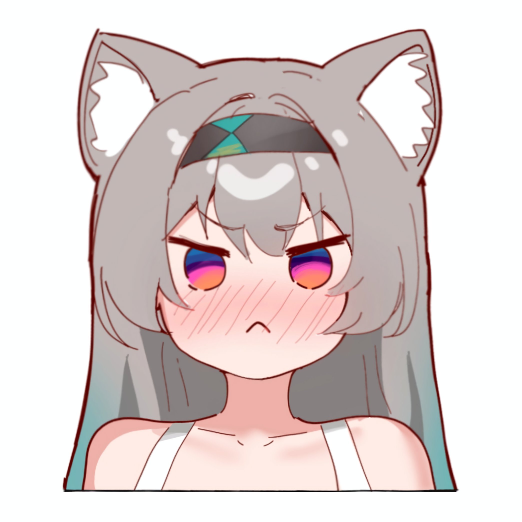 devl ga aru, firefly (honkai: star rail), honkai: star rail, honkai (series), highres, 1girl, animal ears, black hairband, blush, cat ears, closed mouth, gradient eyes, gradient hair, grey hair, hair between eyes, hair intakes, hairband, halter shirt, halterneck, long hair, multicolored eyes, multicolored hair, shirt, simple background, solo, upper body, white background, white shirt