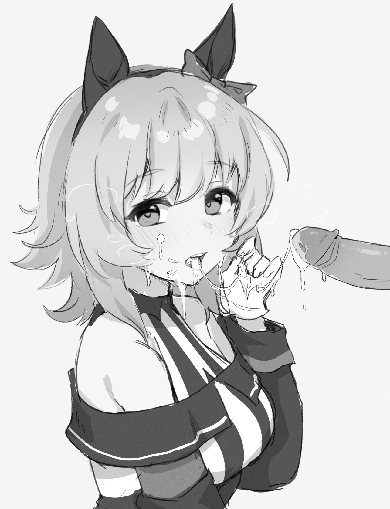 nyaivie, curren chan (umamusume), umamusume, highres, 1boy, 1girl, after fellatio, animal ears, bare shoulders, cum, cum in mouth, cum on body, cum string, erection, facial, from side, gloves, greyscale, hetero, horse ears, long sleeves, looking at viewer, looking to the side, monochrome, open mouth, penis, simple background, solo focus, uncensored, upper body