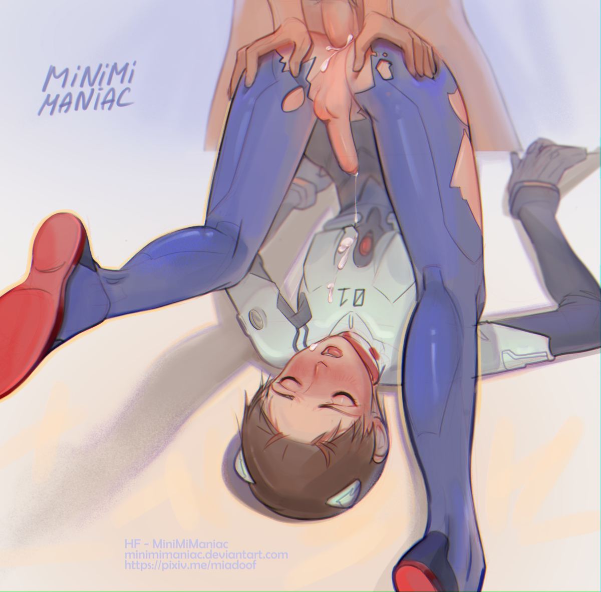 minimimaniac, ikari shinji, neon genesis evangelion, anal, ass, blush, bodysuit, cum, cum in ass, erection, male focus, mecha pilot suit, penis, plugsuit (evangelion), testicles, yaoi