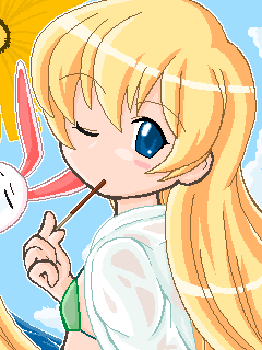 rebecca miyamoto, pani poni dash!, lowres, 00s, blonde hair, blue eyes, food, long hair, pocky, qvga, solo