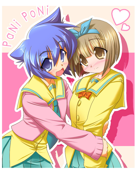 nekono matatabi, kurusu yuzuko, serizawa akane, pani poni dash!, 00s, 2girls, blue eyes, blue hair, blush, border, brown eyes, brown hair, copyright name, heart, multiple girls, open mouth