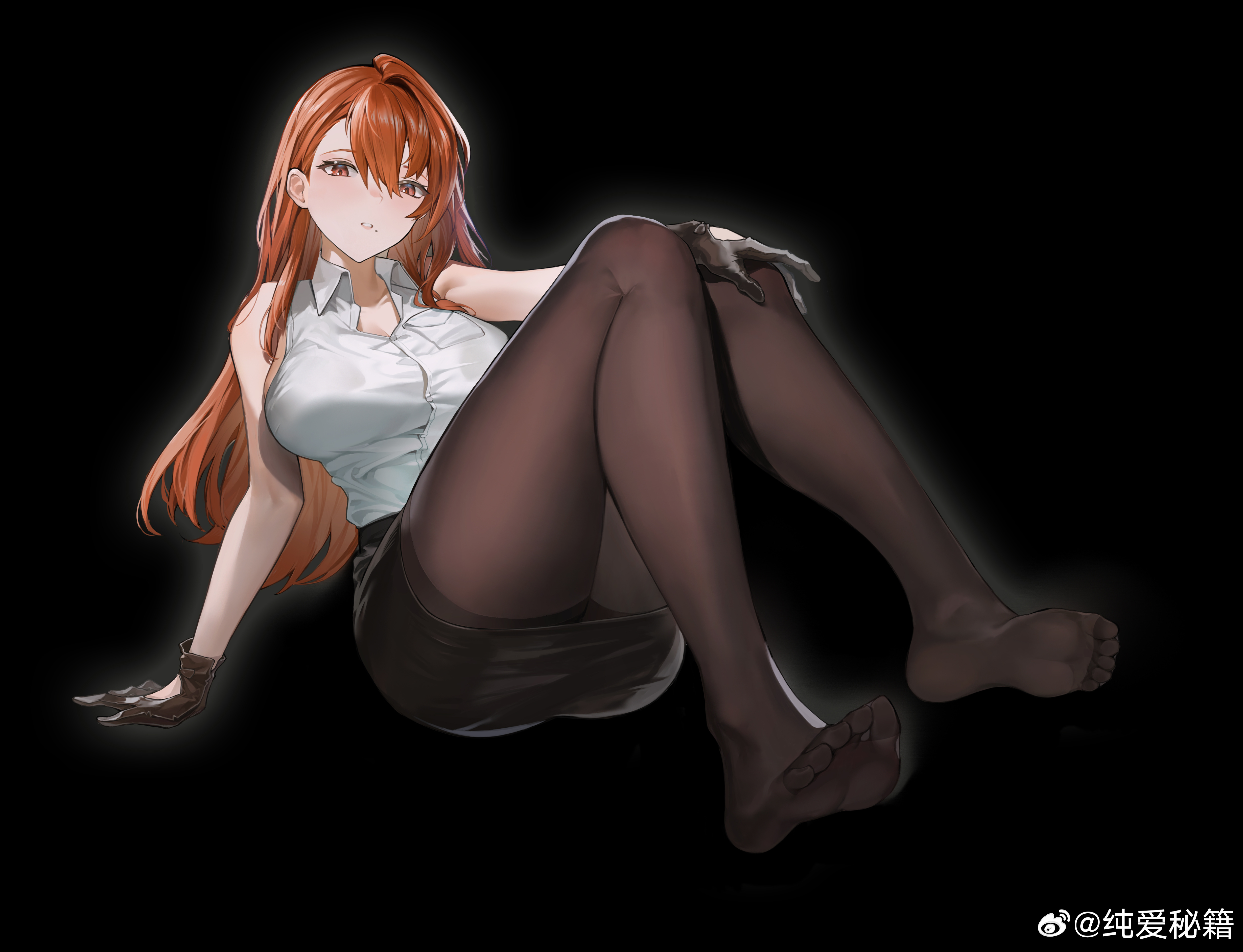 se tu miji, siobhan (alchemy stars), alchemy stars, absurdres, highres, 1girl, arm support, black background, black gloves, black pantyhose, black skirt, breast pocket, breasts, brown eyes, brown hair, collared shirt, feet, foreshortening, full body, gloves, knees up, large breasts, legs, long hair, looking at viewer, mole, mole under eye, no shoes, pantyhose, pencil skirt, pocket, shirt, shirt tucked in, sitting, skirt, sleeveless, sleeveless shirt, soles, solo, toes, watermark, weibo watermark, white shirt