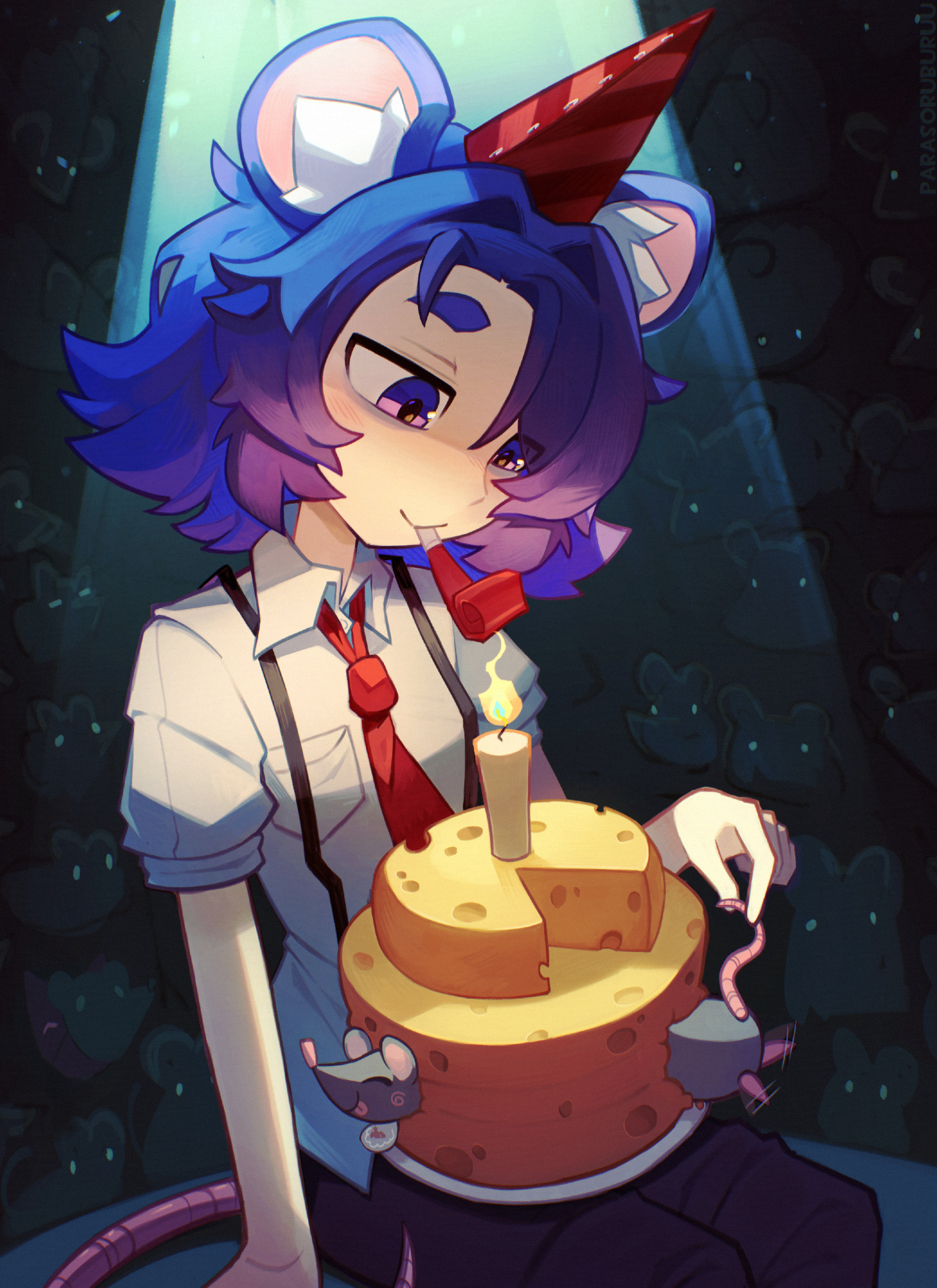 parasoru buruu, original, highres, object request, 1girl, animal ear fluff, animal ears, black pants, blue eyes, breast pocket, cake, cheese, flailing, food, hat, medium hair, mouse (animal), mouse ears, mouse girl, mouse tail, necktie, pants, party hat, pocket, red necktie, shirt, solo, tail, white shirt