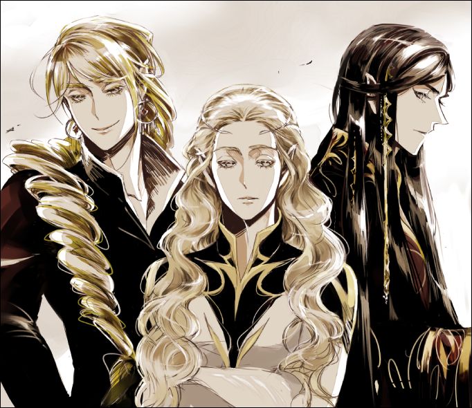 lament20, celegorm, curufin, orodreth, the silmarillion, tolkien's legendarium, 3boys, androgynous, black hair, blonde hair, brothers, closed mouth, collar, crossed arms, earrings, elf, eyelashes, high collar, jewelry, long hair, looking at viewer, male focus, multiple boys, pointy ears, siblings, smile, upper body, wavy hair