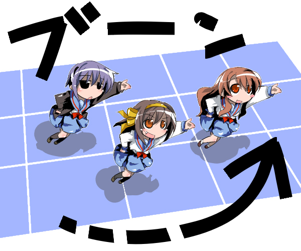 ishiki (okota), asahina mikuru, nagato yuki, suzumiya haruhi, hare hare yukai, suzumiya haruhi no yuuutsu, 00s, 3girls, brown hair, multiple girls, school uniform, serafuku, short hair