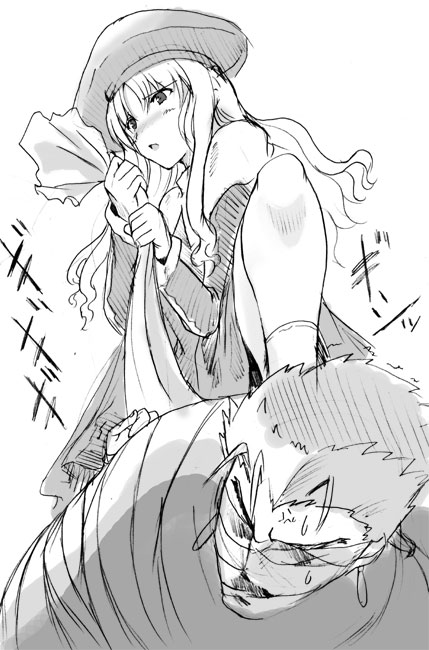 yasakani an, caren hortensia, cu chulainn (fate), cu chulainn (fate/stay night), fate/hollow ataraxia, fate/stay night, fate (series), 00s, 1boy, 1girl, bandages, bdsm, beret, blindfold, blush, greyscale, hat, long hair, lying, monochrome, on stomach, simple background, socks, sweatdrop, white background