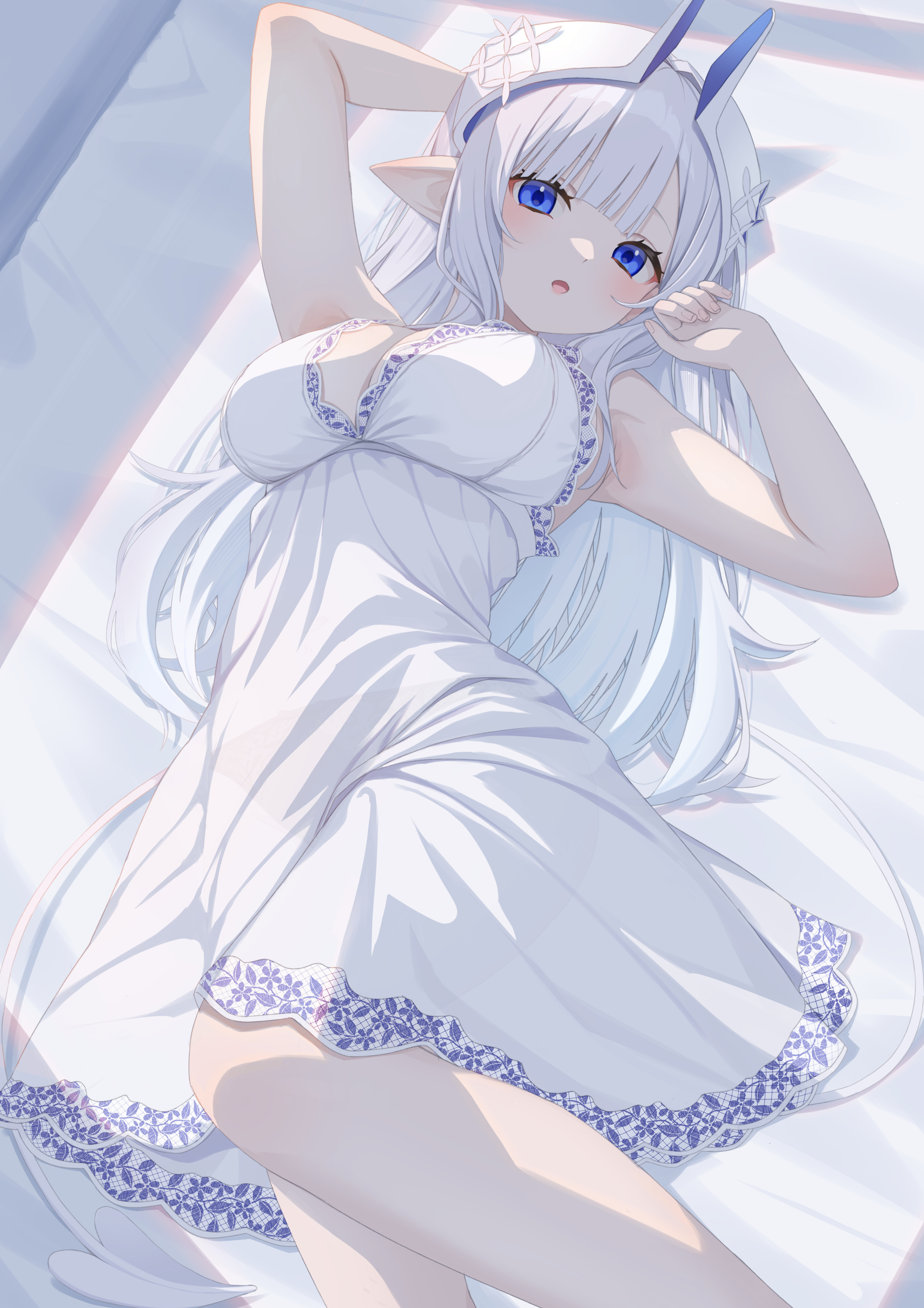 hashiko nowoto, original, absurdres, commentary request, highres, 1girl, arm behind head, arm up, bare arms, bare shoulders, bed sheet, blue eyes, blush, breasts, cleavage, dress, feet out of frame, hand up, horns, large breasts, long hair, looking at viewer, lying, on back, open mouth, pointy ears, sleeveless, sleeveless dress, solo, tail, very long hair, white dress, white hair