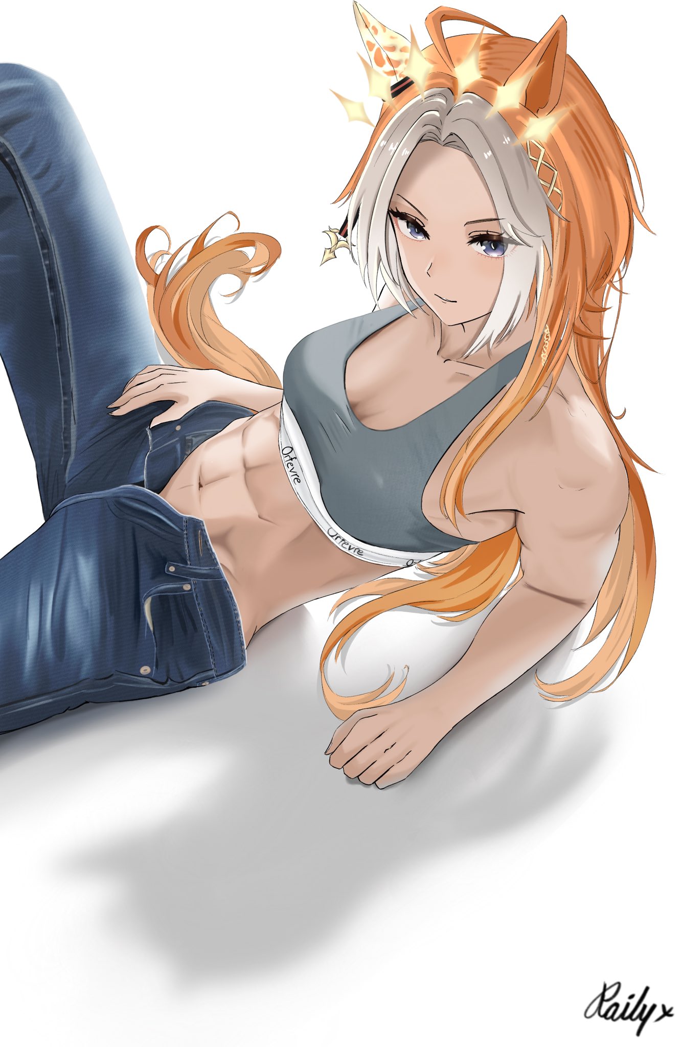 raily x, orfevre (umamusume), umamusume, highres, 1girl, abs, animal ears, blue pants, bra, denim, ear covers, grey bra, grey sports bra, horse ears, jeans, navel, open fly, open pants, pants, single ear cover, solo, sports bra, underwear