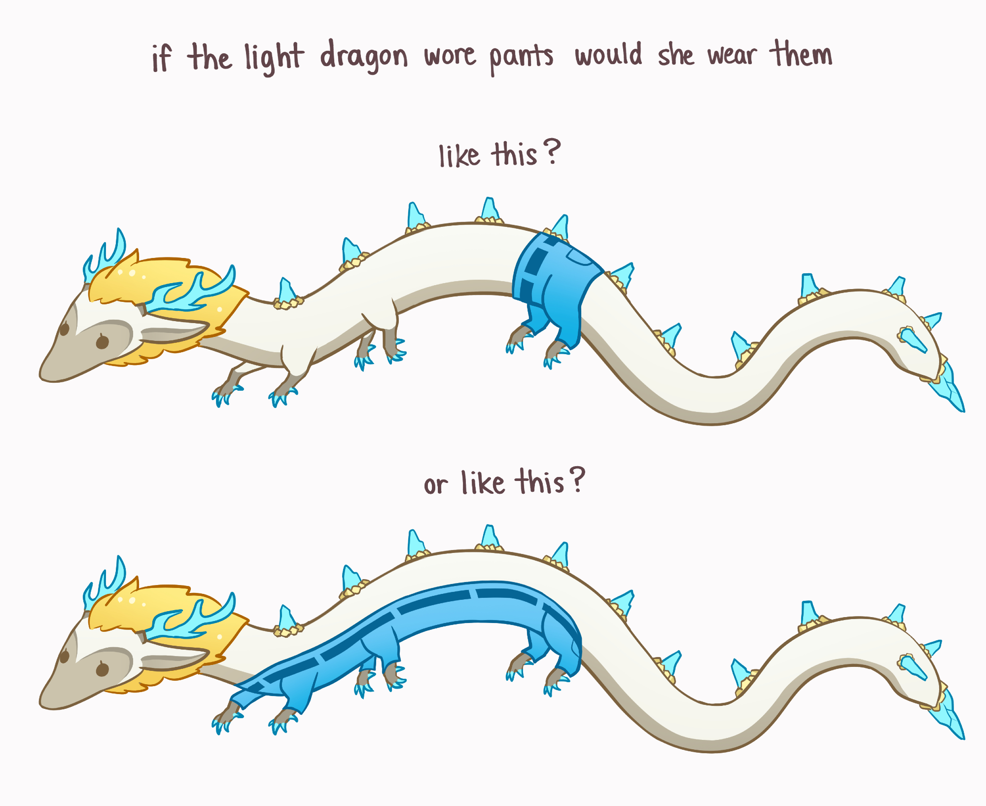 enni, light dragon (zelda), nintendo, the legend of zelda, the legend of zelda: tears of the kingdom, highres, 1girl, animal, clothed animal, dragon, eastern dragon, english text, full body, if a dog wore pants (meme), meme, multiple views, pants, simple background, white background